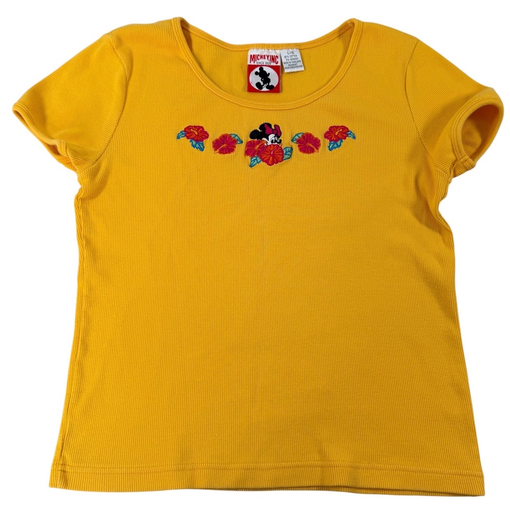 Mickey Inc Minnie Mouse Tropical Hibiscus Yellow Ribbed Baby Tee XS 90s Y2K
